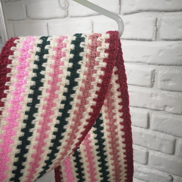 Unisex Handmade Crochet Rose, Pink, Green, & White Scarf - Picture 2 of 2